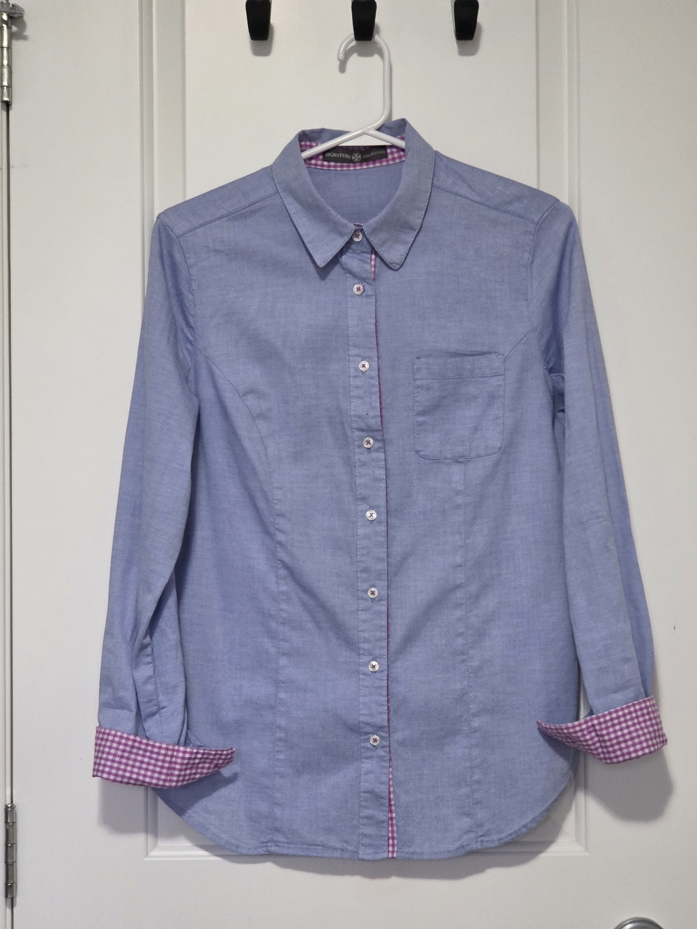 Signature Light Blue Button-Down Shirt with Pink Gingham Trim